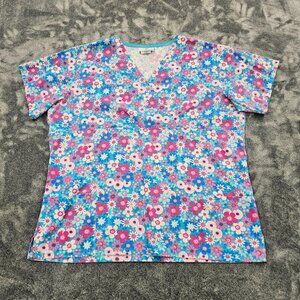 Ready 2 Wear Medical Scrub top womens large blue pink floral print nurse SS